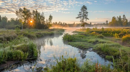A forest with a stream or river running through it. Sunset and the sun shines through the trees with a warm yellowish light. The trees are lush and green. A natural backdrop. Illustration for design.