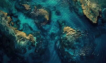 Surreal fingerprint islands in an ocean map, twilight, birds eye view, exploration theme art