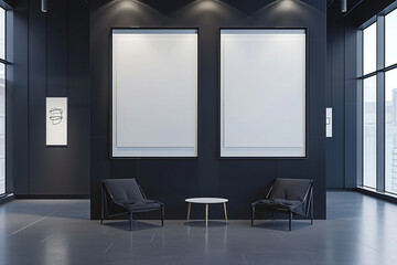 Angular blank frames on a jet black wall in a sleek gallery setting.