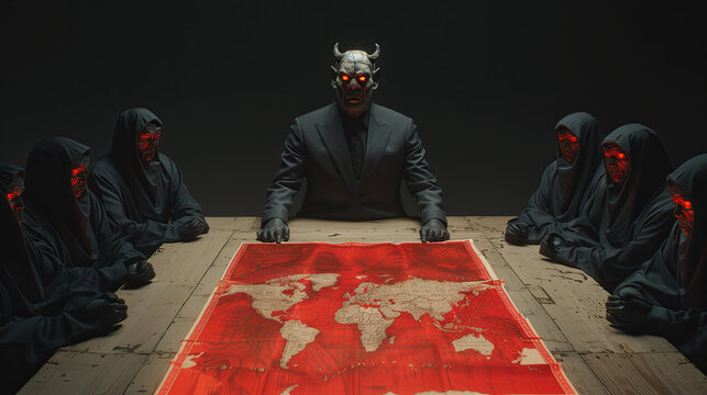Group of people gathered around a table over a world map. A shadow government is plotting to conspire and seize power. The scene is tense and serious. Illustration for varied design.