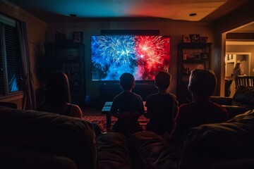 Family watches vibrant fireworks show on TV in cozy living room setting.