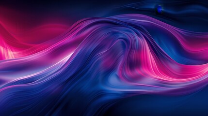 Obraz premium A black background bears a computed wave, half pink and half blue, containing a minor blue object centered within the wave's crest Another blue object is situated at the image's center