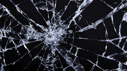 Broken glass on a dark background. After the impact, the glass surface has cracks diverging from the point of impact or bullet hit. The concept of destruction, vulnerability and fragility of existence