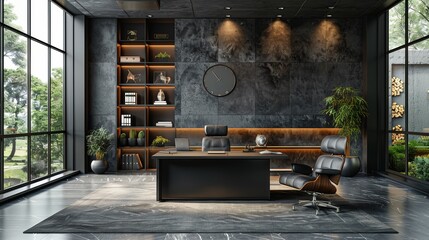 Modern CEO Office with Dark Interior and Nature View