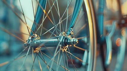 A detailed close-up of a bicycle wheel with intricate spokes and a blurred urban background. 8k, realistic, full ultra HD, high resolution and cinematic photography - Powered by Adobe