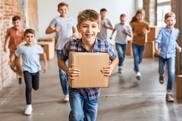 Smiling Child Peeking from a Moving Box in a Bright Room, Showcasing the Fun and Joy of Home Relocation with a Playful and Creative Touch.