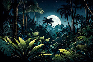 Depict a dense jungle alive with nocturnal creatures under the light of the moon vector art illustration generative AI image.
