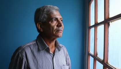 An Indian 60 years old men with a thinking expression on his face in front of the plain blue background