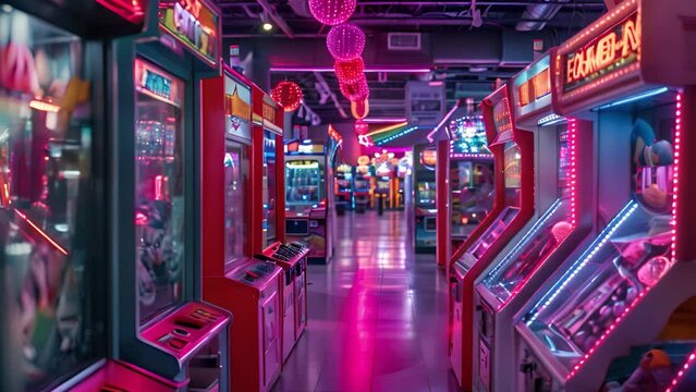 This Brightly lit hallway with colorful arcade machines and glowing neon lights.