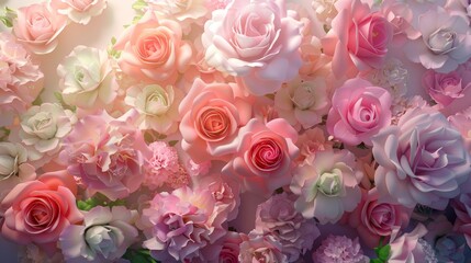 Vibrant floral display: romantic roses form a bright, colorful wall background - 3d render
