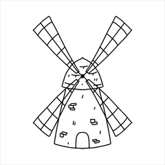 Windmill. Hand drawn doodle style. Vector illustration isolated on white. Coloring page.