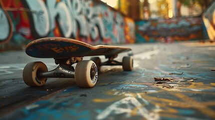 A close-up of a skateboard's wheels and deck with a graffiti-covered urban setting in the background. 8k, realistic, full ultra HD, high resolution and cinematic photography - Powered by Adobe