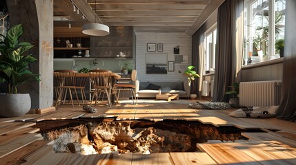 Modern loft-style apartment interior with cracked wooden floor. Conceptual design highlighting unexpected events. Ideal for art, design, and home improvement projects. AI