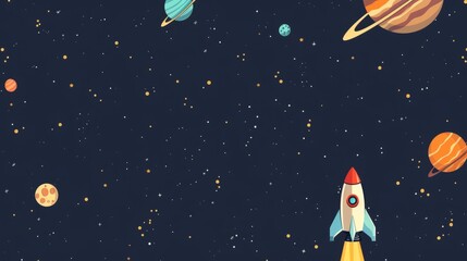 Vector illustration of a flat space design background featuring small celestial elements, stars, and planets in a night sky