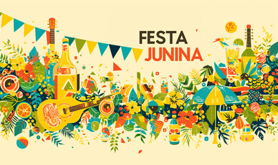 Obraz premium Festive scene with guitars, flowers, and food items. Digital artwork for Festa Junina celebration