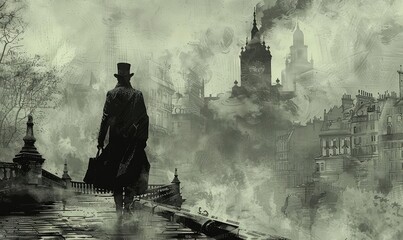 Victorian gentleman with a money bag, foggy street, worms eye view, steampunk ink drawing