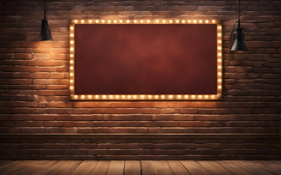 Blank signboard on a vintage brick wall with hanging lights, urban advertising template, warm ambient lighting
