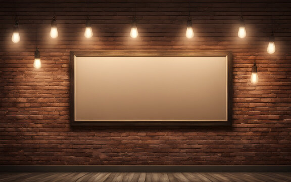 Blank signboard on a vintage brick wall with hanging lights, urban advertising template, warm ambient lighting