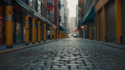 An urban street lined with cobblestones, yellow poles, and buildings in vibrant colors generative AI