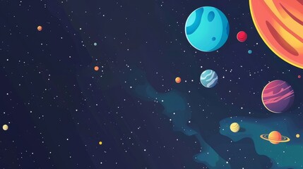 Fototapeta premium Vector illustration of a flat space design background featuring small celestial elements, stars, and planets in a night sky