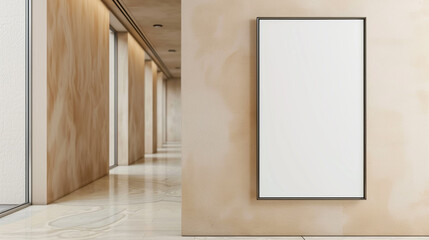 Emphasizing vertical lines, tall blank frame mockup on a minimalist beige corridor wall.