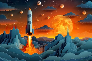 This flat-style modern illustration shows a rocket flying in space in paper art style.