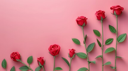 A pink background features a row of red roses with green leaves and leaves to the left