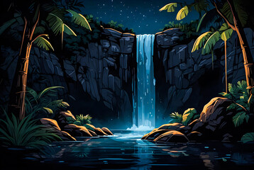 Illustrate a waterfall illuminated by moonlight cascading into a dark pool below vector art illustration generative ai image.
 - Powered by Adobe