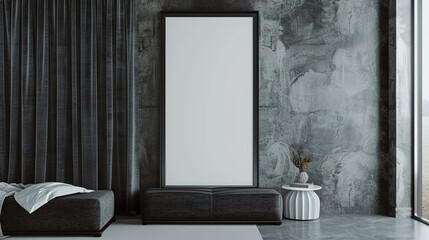 Charcoal gray wool curtains frame a tall vertical blank frame in a sophisticated modern gallery.