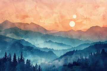 Beautiful surreal landscape painting featuring misty mountains and a vibrant sunset with two suns in an ethereal, dreamlike scenery.