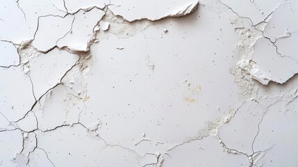 Fototapeta premium A white wall with peeling paint and one central hole