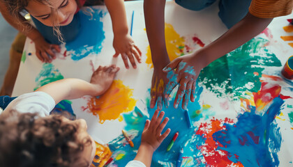 Colorful hands of kids in day care, back to school, preschool education