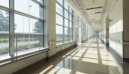 Blurred empty corridor of hospital, day care, school or university building, big windows, no people