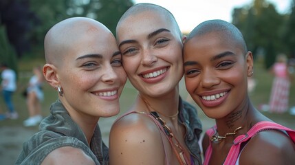 Portrait of three cheerful bald girls in a summer park looking at the camera