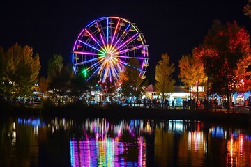 Colorful illuminated ferris wheel on summer or autumn festival