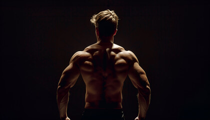 Fototapeta premium Muscular man showing his strength on black background, back view. Sexy body