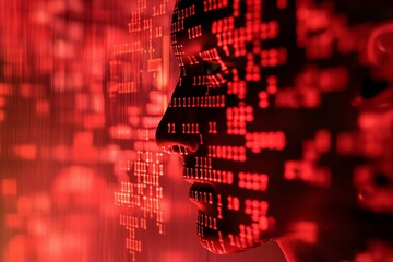 Man hacker face and red binary code, computer hacking, illegal