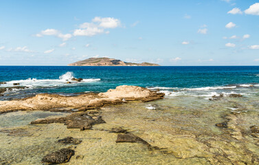 Landscape of Mediterranean sea from seafront of Favignana island, province of Trapani, Sicily, Italy