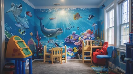 Whimsical underwater scenes for a fun playroom. --ar 16:9 Job ID: 2d8d7593-f822-41a7-8969-7b5c676845f7