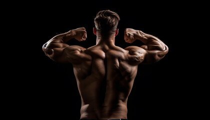 Fototapeta premium Muscular man showing his strength on black background, back view. Sexy body
