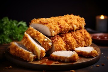 Succulent slices of breaded chicken breast on a wooden serving board with a cozy candlelit ambiance