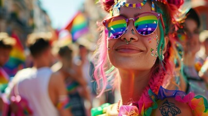 Naklejka premium portrait of queer young woman with lgbtqia rainbow pride flag themed clothing and pink green hairstyle and tattos in pride parade