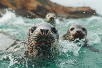 Obraz premium Seals swimming playfully in the ocean near a rocky beach, splashing water as they interact, showcasing vibrant marine wildlife behavior.. AI generated.