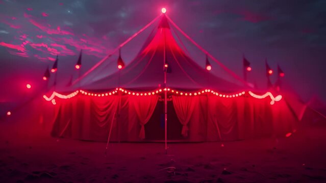 This circus tent is brightly lit with red lights. Circus Tent Illuminated With Red Lights