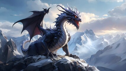 A majestic dragon with shimmering scales, sharp claws, and piercing eyes, hovering over a vast...