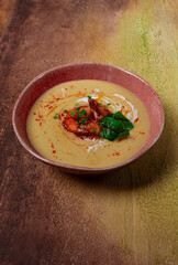 pumpkin cream soup with shrimp, herbs and spices, homemade, no people,