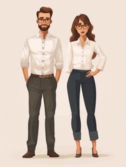 Fototapeta premium Smiling man and woman in office clothes standing side by side isolated on flat background with copy space. Job application banner template, vacancies, friendly team of employees.