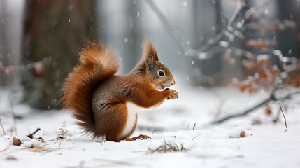 Captivating squirrel on snowy forest ground. The beauty of nature in winter. Wildlife photograph perfect for nature lovers and educational use. AI