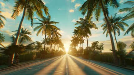 Fototapeta premium Smoothly moving infinite road with palm trees on both sides with a sunset sky in a bottom view Background. Green palm trees. Vertical video background, vertical video,