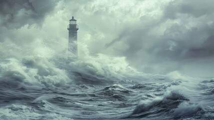 Storm waves over the Lighthouse in a cloudy day